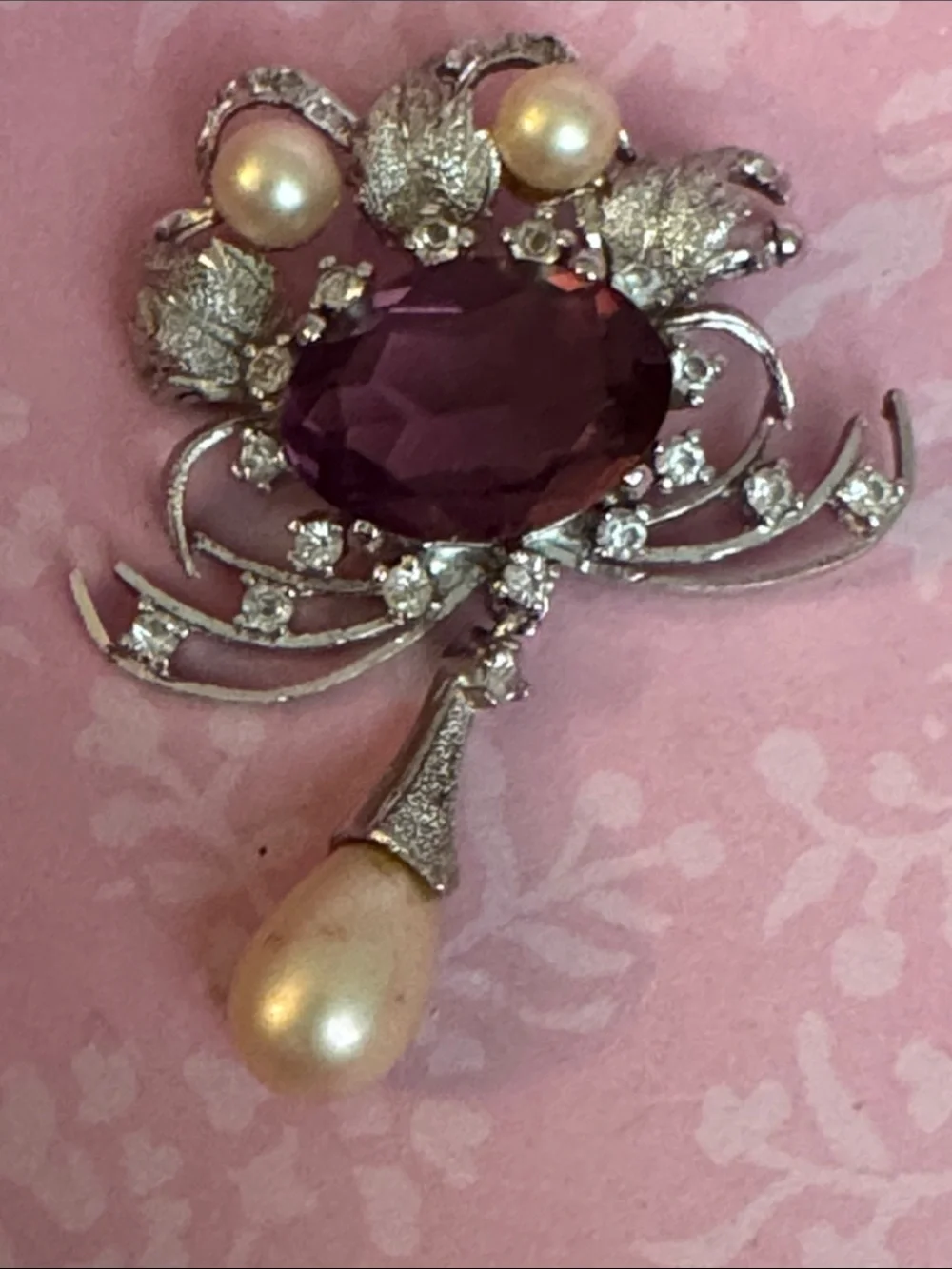 Vintage Brooch Purple Crystal And Pearl Drop Silver-Tone Brooch Costume Jewelry